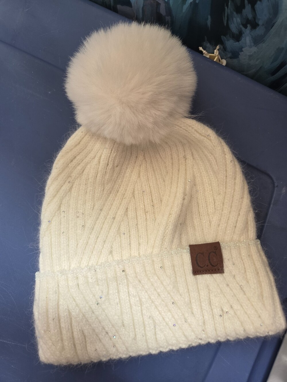 C.C Cream Knit Pom Pom Beanie with Subtle Sparkle